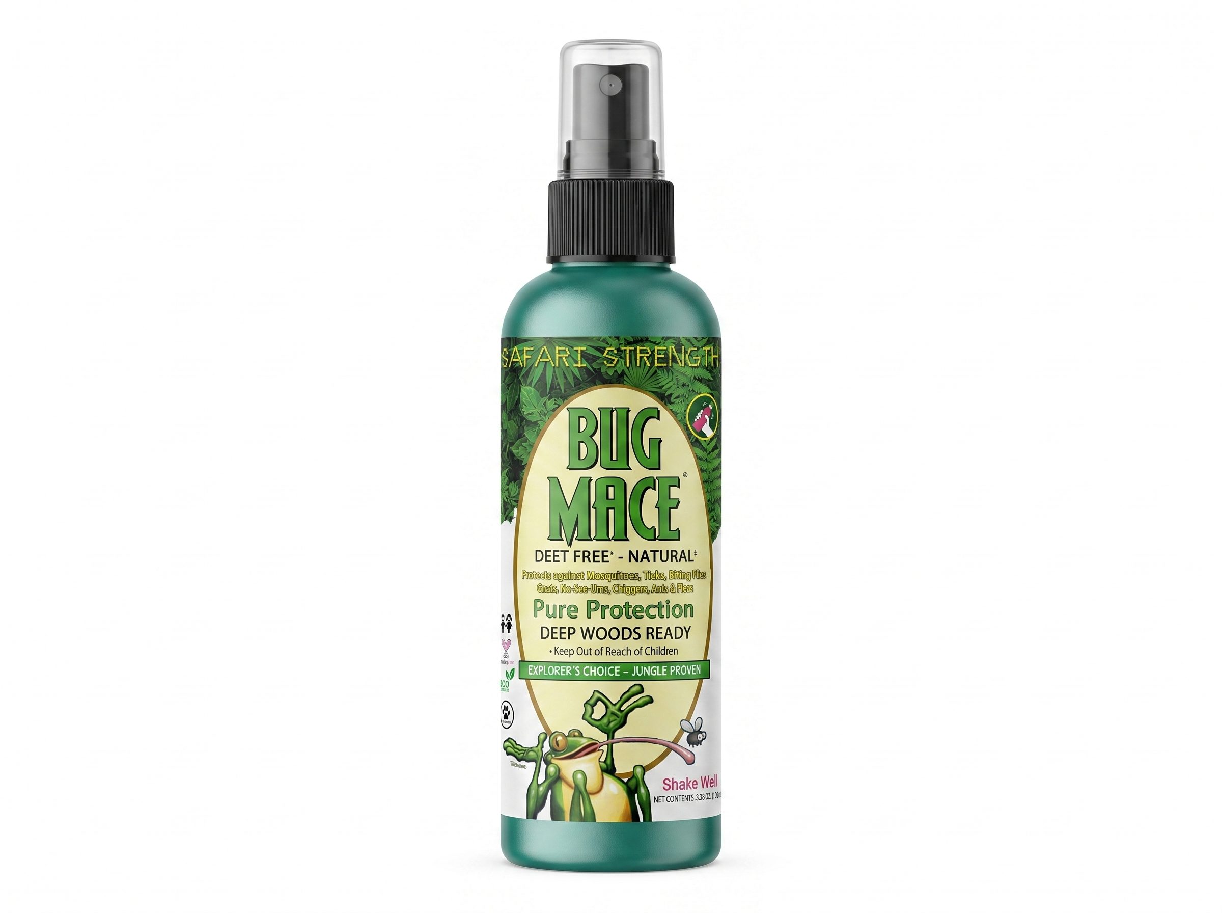 Clean studio product photograph of a BugMace bottle