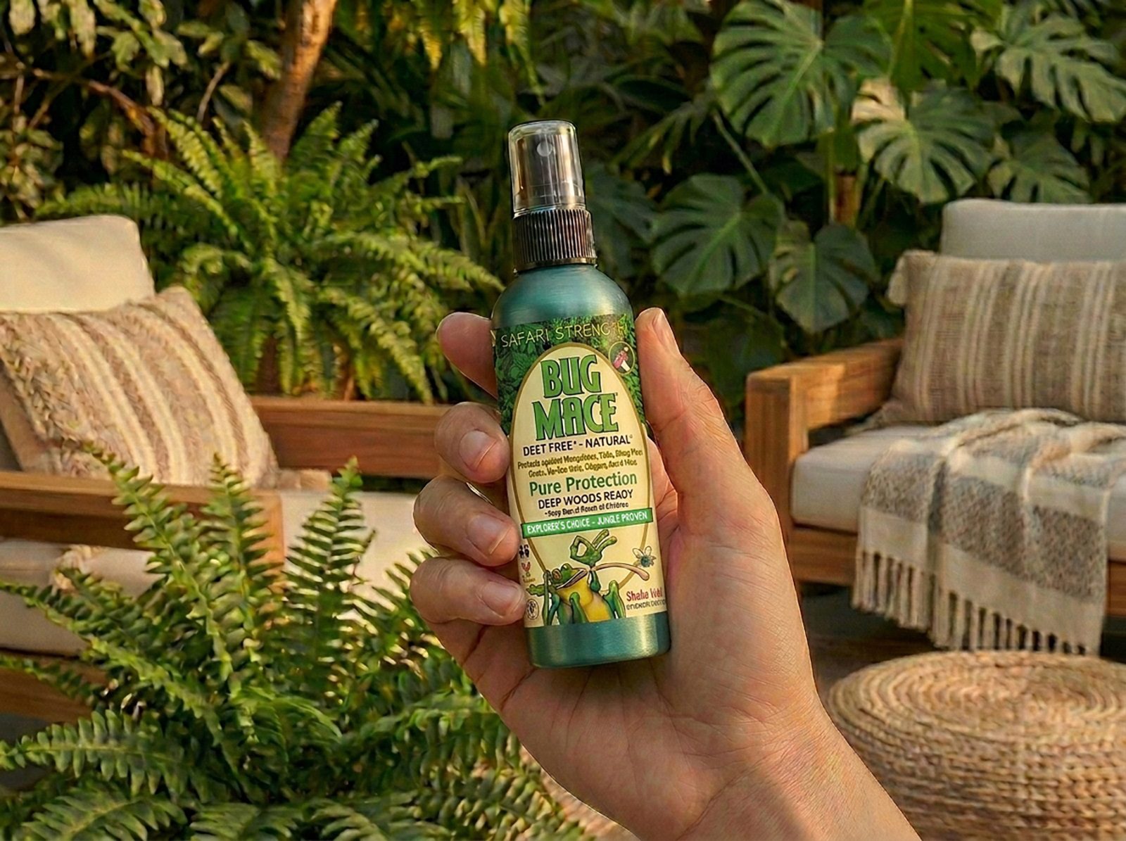 Person holding a compact BugMace bottle outdoors