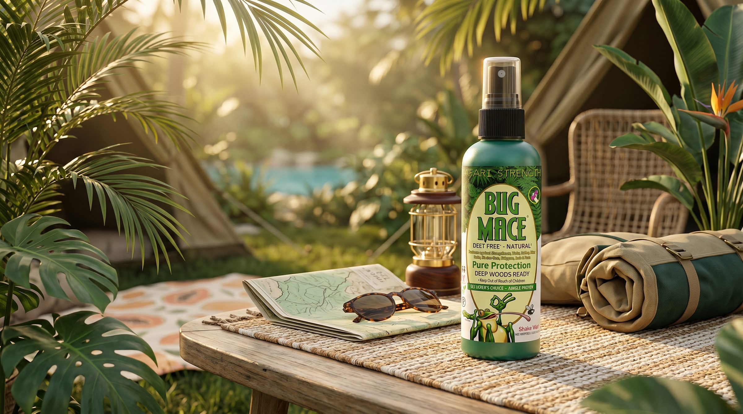 BugMace 100 mL mosquito and insect repellent bottle in a sunlit tropical outdoor adventure setting